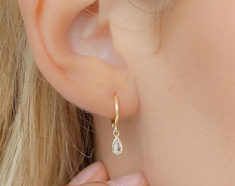Dangling Hoop Earrings In Gold, Dainty Diamond Charm Earrings, Minimalist Huggie Hoops, Minimalist Jewelry For Bride, Gift for Her, E77