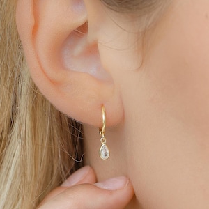 Dangling Hoop Earrings In Gold, Dainty Diamond Charm Earrings, Minimalist Huggie Hoops, Minimalist Jewelry For Bride, Gift for Her, E77