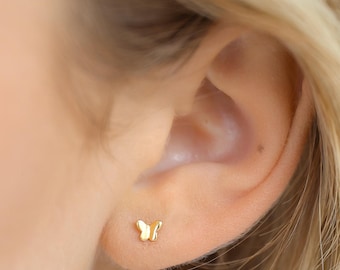 Dainty Butterfly Stud Earrings in Sterling Silver, Small Gold Animal Earrings for Everyday Stacking, Cute Gift for Her, E099