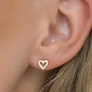 Gold Heart Stud Earrings, Dainty CZ Open Heart Earrings for Women, Minimalist Everyday Jewelry, Cute Romantic Gift for Her, E018