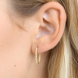 Könnte beinhalten: Goldene Creolen mit Perlenmuster. Die Ohrringe sind in einer Nahaufnahme an einem Ohr einer Person zu sehen.