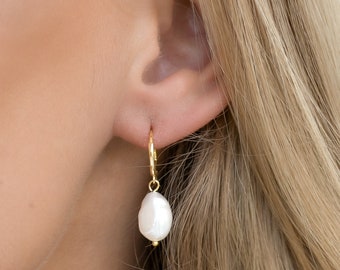 Gold Pearl Hoops | Pearl Huggies Earrings | Bridal Hoop Pearl Earrings | Birthday Gifts for Her | Anniversary gift | E36