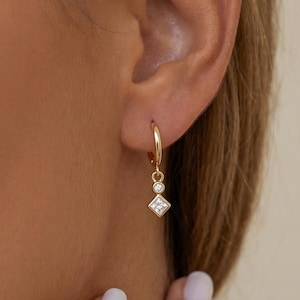 Dangling Hoop Earrings In Gold, Dainty Diamond Charm Earrings, Minimalist Huggie Hoops For Bride, Gift for Her, E174