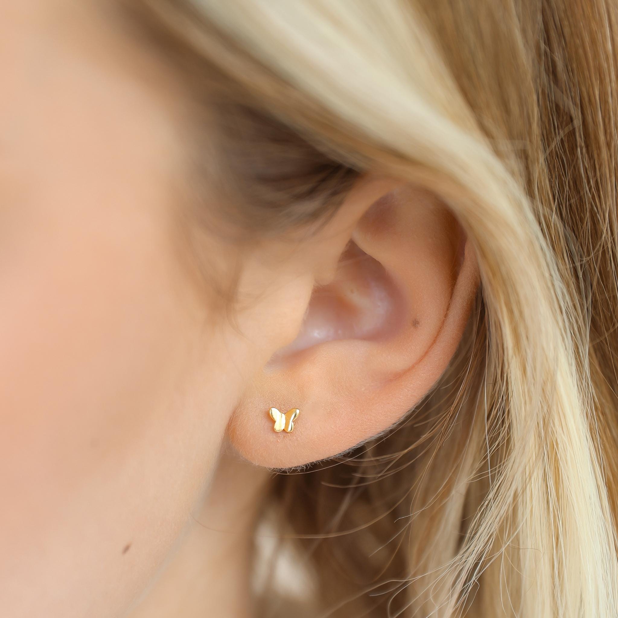 Dainty Butterfly Stud Earrings in Sterling Silver, Small Gold Animal Earrings for Everyday Stacking, Cute Gift for Her, E099