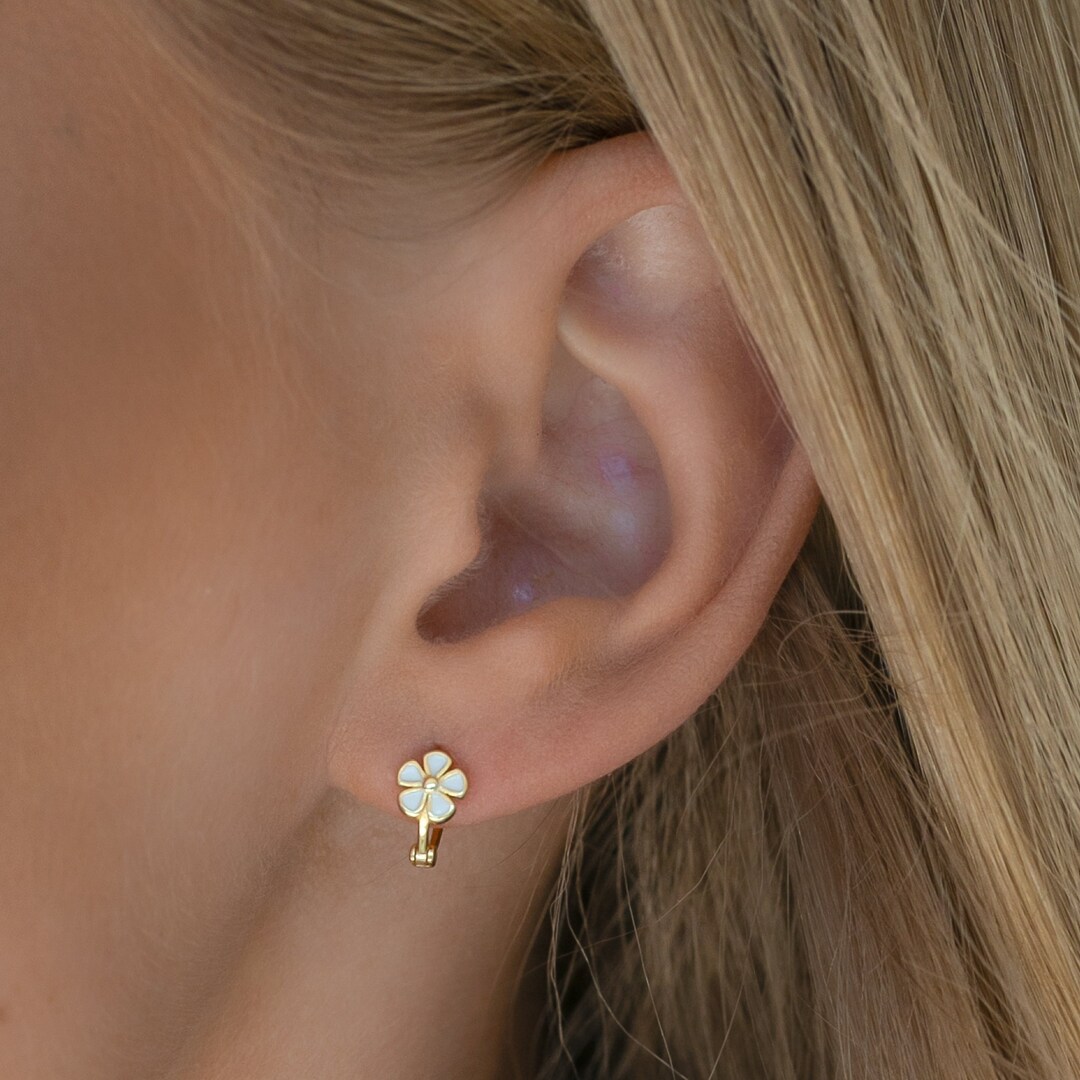 Flower Hoop Earrings Tiny Daisy Huggie Hoops in Gold, Sterling Silver