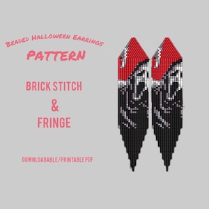 Puede incluir: Un patrón para pendientes de Halloween con cuentas. Los pendientes son negros, rojos y blancos, con un diseño de punto de ladrillo y flecos. El texto de la imagen dice "Beaded Halloween Earrings Pattern Brick Stitch & Fringe Downloadable/Printable PDF."