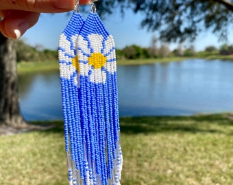 Handmade Beaded Daisy Fringe Earrings: Birthday Jewelry Gift