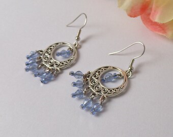 Antique Tibetan Silver Chandelier Earrings with Blue Glass Beads