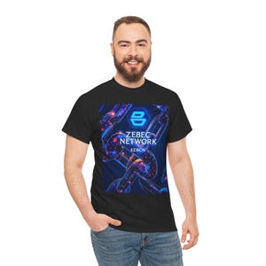 May include: Black t-shirt featuring a graphic with the text "ZEBEC NETWORK" and "SZBCN" in white and blue. The graphic includes a chain design with blue and purple neon-like effects. The shirt is worn by a person.