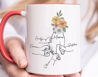 Mug floral maman personnalisé avec noms d'enfants, Mug maman tenant les mains des enfants, cadeau personnalisé pour maman, cadeau grand-mère, maman fleurs sauvages, cadeau fête des mères