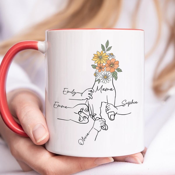 Custom Mom Floral Mug With Kids Names, Holding Kids Hands Mom Mug, Custom Gift For Mom, Grandma Gift, Wildflower Mom, Mother's Day Gift