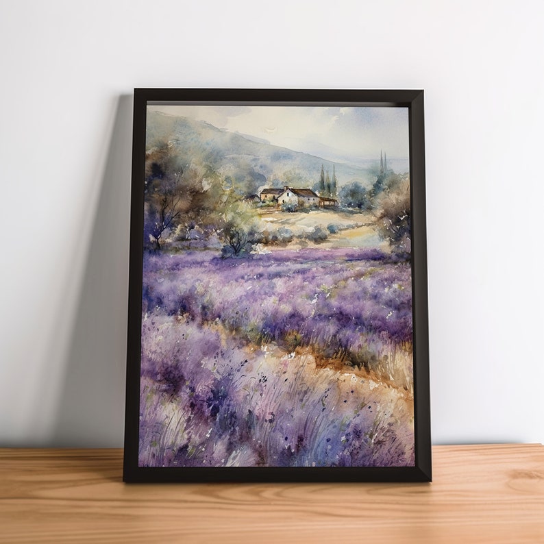 French Lavender Field Painting Watercolor Landscape Art image 4
