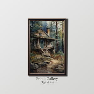 Vintage Cabin Watercolor Painting | Landscape Art Print | Digital Printable