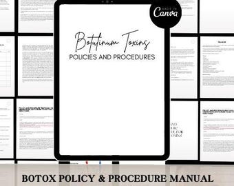 May include: A digital document titled "Botulinum Toxins Policies and Procedures" on a computer screen. The document is a guide for Botox policy and procedures and includes 50 free Instagram stories.