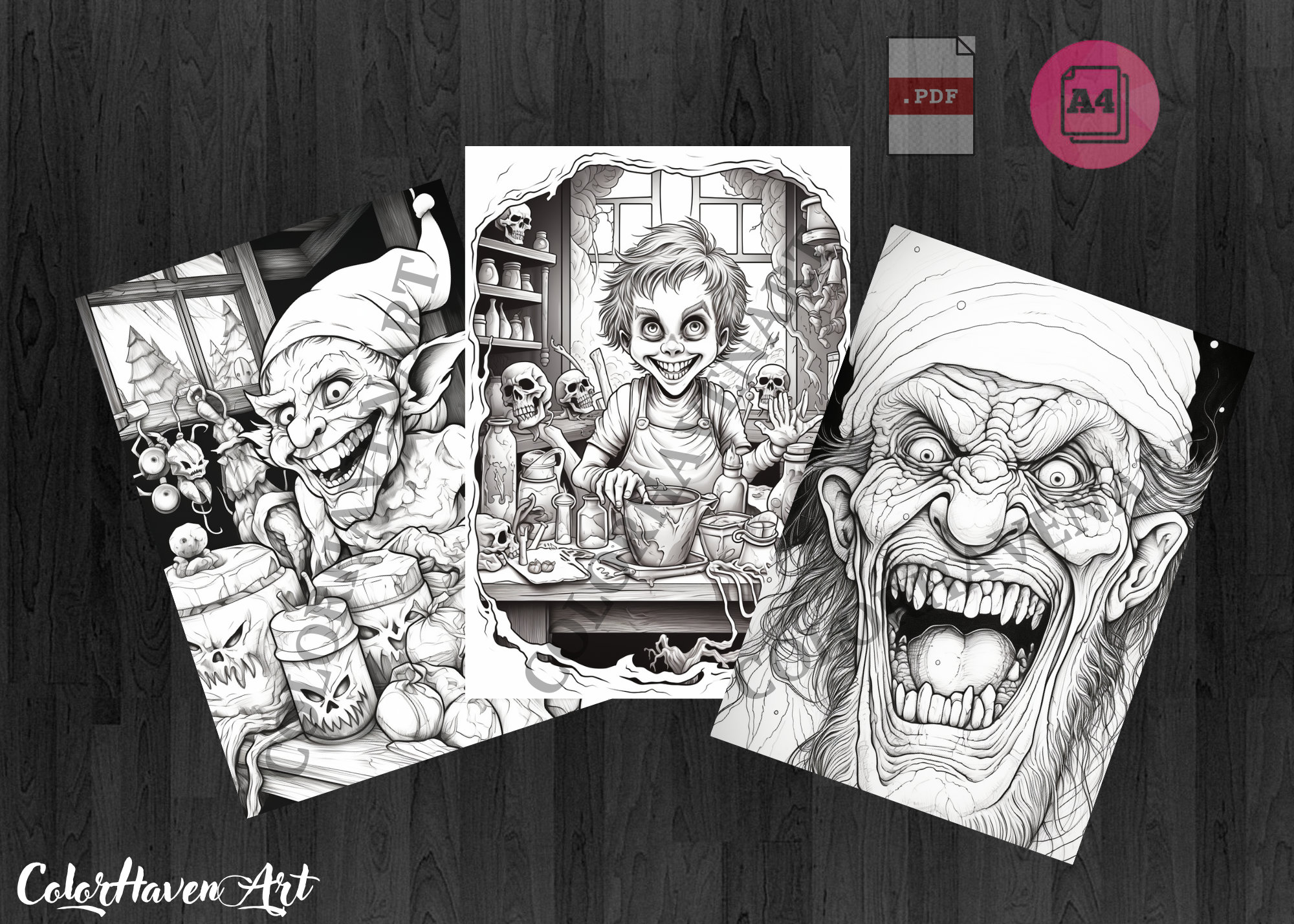 Horror Christmas Scary Fantasy Coloring Page Book, Adults Kids Instant Download Grayscale ...