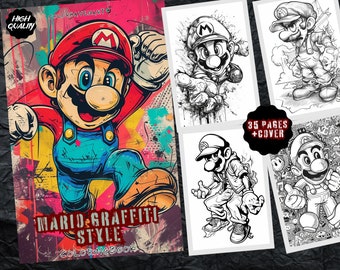 Mario Graffiti Style A4 Coloring Book Colorful Designs, Printable Coloring Pages, Fantasy Cartoon Coloring Book for Adults and Kids