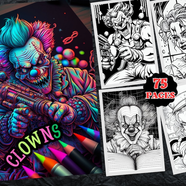 75 Creepy Clowns A4 Coloring Pages with Book Cover || Printable Coloring Book || adult  Page || Printable Coloring Page || scary clowns