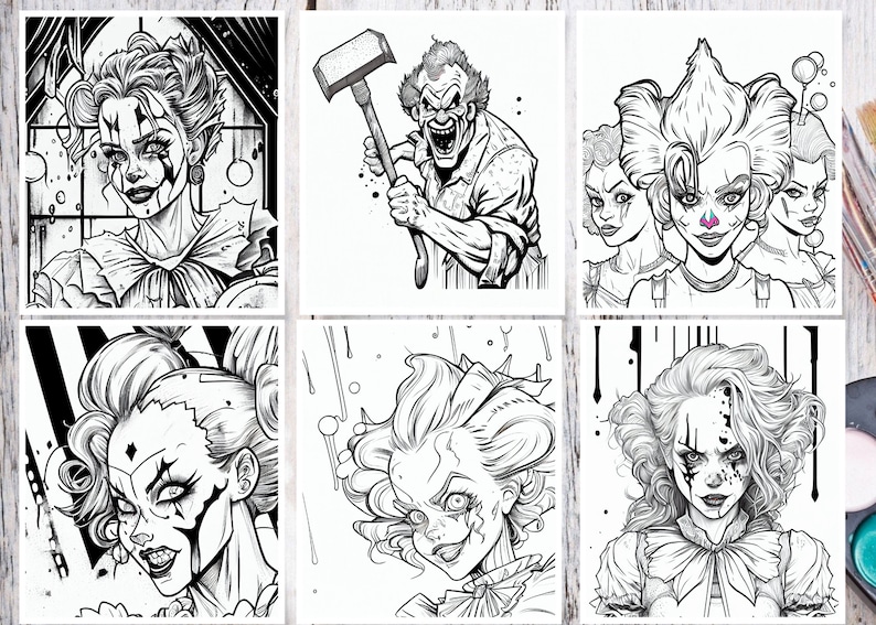 75 Creepy Clowns A4 Coloring Pages With Book Cover Printable Coloring ...