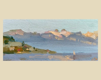 Mini huile «Montagnes d'avril» originale en plein air, coucher de soleil, printemps, étude sur la Suisse, le lac Léman, Lutry par un VRAI peintre suisse Ceruleanistique