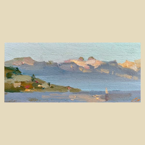 Mini oil “April.Mountains” original plain air sunset spring etude about Switzerland lake Leman, Lutry by REAL Swiss painter Ceruleanistique