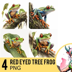 Red Eyed Tree Frog Watercolor PNG clipart, Frog Portrait PNG Watercolour, Instant Download, Commercial Use, Four Separate PNG Image, UD241