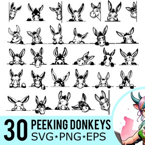 Peeking âne SVG PNG EPS Clipart, Silhouette visage d'âne, modèle animaux de la ferme, fichiers de coupe vectorielle, téléchargement immédiat, 30 modèles de lot