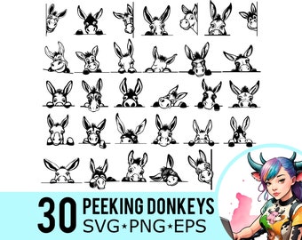 Peeking Donkey SVG PNG EPS Clipart, Donkeys Face Silhouette, Farm Animals Template, Vector Cut Files, Instant Download, 30 Bundle Templates