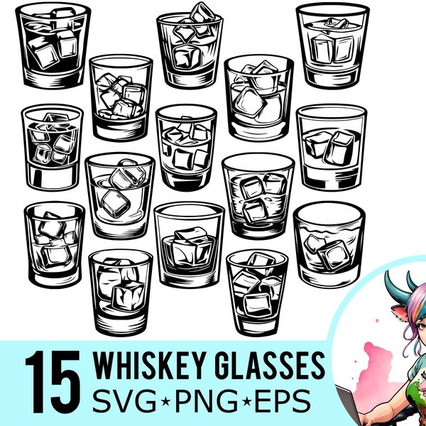 Whiskey Glass SVG PNG EPS Clipart, Alcohol Drink Melting Ice Cubes Cocktail Beverage, Vector Cut File, Instant Download, 15 Bundle Templates