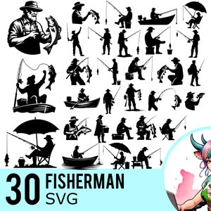 Fishing SVG Clipart: 30 Fisherman Silhouette Templates (Instant Download)