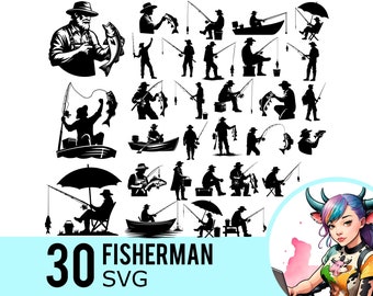 Clipart SVG de pesca: 30 plantillas de siluetas de pescadores (descarga instantánea)