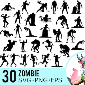 Zombie SVG PNG EPS Clipart, Zombies silhouet, Halloween sjabloon, Undead Horror Clipart, bestanden knippen, Instant Download, 30 bundelsjablonen