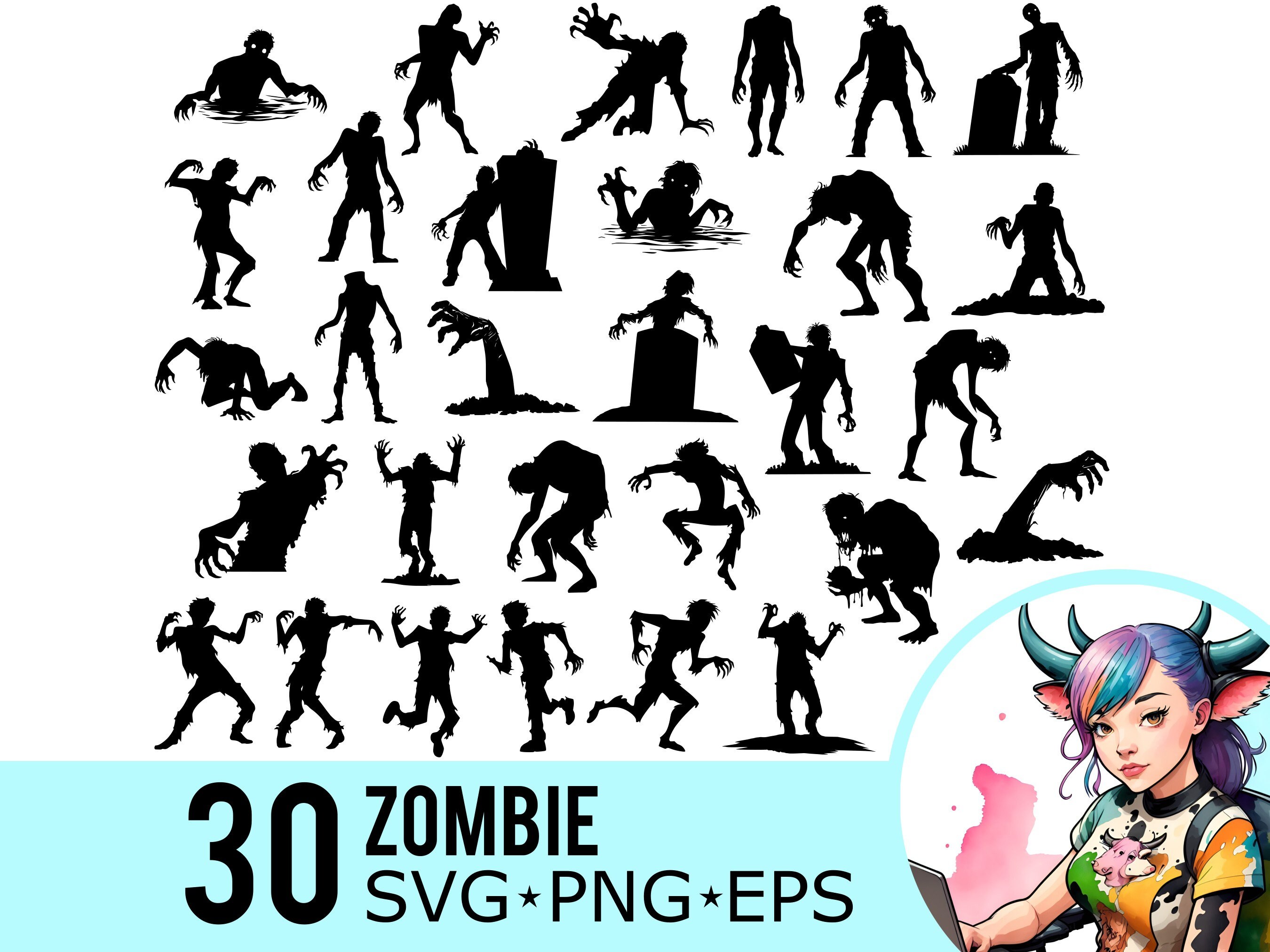 Clipart zombiesilhouet: Halloween Undead Horror, 30 sjablonen (SVG, PNG, EPS)