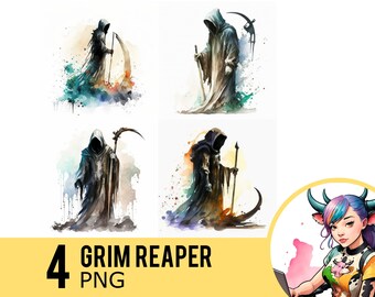 Grim Reaper Watercolor PNG clipart, Death Ghost Portrait PNG Watercolour, Instant Download, Commercial Use, Four Separate PNG Image, UD278