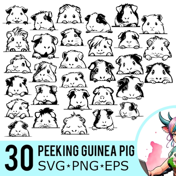 Peeking Guinea Pig SVG PNG EPS Clipart, Guinea Pig Silhouette, Cavy Face Template, Vector Cut Files, Instant Download, 30 Bundle Templates