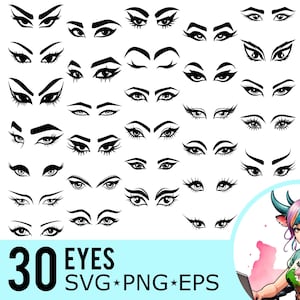 Puede incluir: Un conjunto de 30 ilustraciones de ojos en blanco y negro con diferentes formas y estilos. La imagen incluye el texto "30 EYES SVG*PNG*EPS".