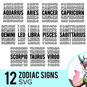 Clipart do pacote SVG do zodíaco, silhueta de 12 signos do zodíaco, arquivos de corte vetorial em camadas empilhadas, download instantâneo, 12 modelos de pacote SVG, 508