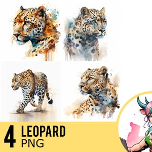Leopard Watercolor PNG clipart, Cheetah Portrait PNG Watercolour, Instant Download, Commercial Use, Four Separate PNG Images, UD37