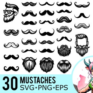 Mustache SVG PNG EPS Clipart, Moustache Silhouette, Beard Template, Facial Hair Vector Cut Files, Instant Download, 30 Bundle Templates, 590