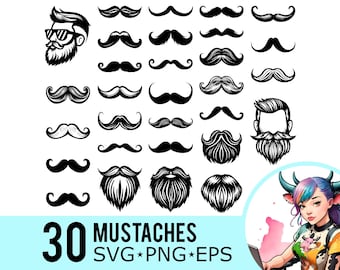 Mustache SVG Bundle: 30 Moustache & Beard Silhouette Templates (Digital Download)