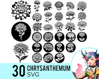 Chrysanthemum SVG Clipart, Chrysanths Silhouette, November Mums Flower, Perennials, Cut Files, Instant Download, 30 SVG Bundle Templates