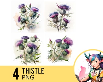 Watercolor Thistle Flower Clipart: 4 PNG Images (Digital Download)