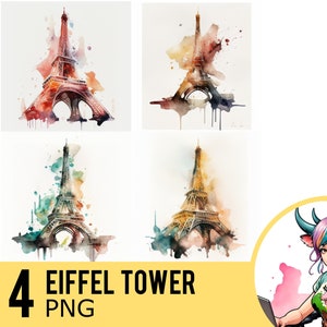 Eiffel Tower Watercolor Clipart: Four PNG Images (Commercial Use)