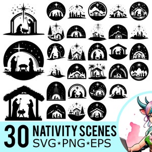 Scena Narodzenia SVG PNG EPS Clipart, Sylwetka sceny żłobu Dzieciątka Jezus Chrystus, Pliki do cięcia wektorowego, Natychmiastowe pobieranie, 30 szablonów pakietów, 614