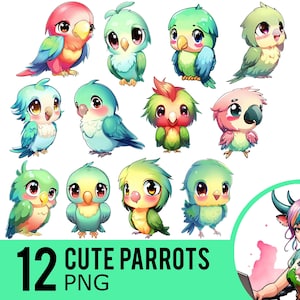 Cute Parrot Clipart PNG, Kawaii Parrots Clip Art, Anime Parakeets PNG, Instant Download, Commercial Use, 12 Transparent PNG Images, UD443