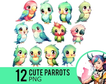 Cute Parrot Clipart PNG, Kawaii Parrots Clip Art, Anime Parakeets PNG, Descarga instantánea, Uso comercial, 12 Imágenes PNG transparentes, UD443