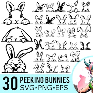 Peeking Bunny SVG PNG EPS Clipart, süße Osterhase Silhouette, Hasen Gesichtsvorlage, Schnittdateien, Sofort-Download, 30 Bundle-Vorlagen