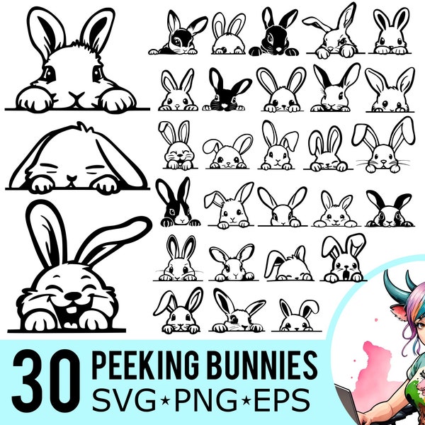 Peeking Bunny SVG PNG EPS Clipart, Silhouette mignonne de lapin de Pâques, modèle de visage de lapins, couper des fichiers, téléchargement immédiat, 30 modèles de lot