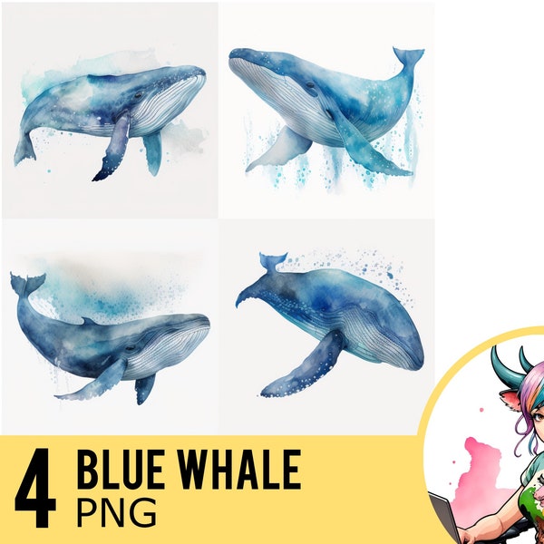 Blue Whale Watercolor PNG clipart, Whale Portrait PNG Watercolour, Instant Download, Commercial Use, Four Separate PNG Image, UD148