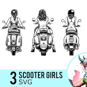 Scooter Girl SVG clipart, silueta de motocicleta, plantilla de motociclista, archivos de corte de paseo de motociclista de mujer, descarga instantánea, paquete de 3 SVG, 498
