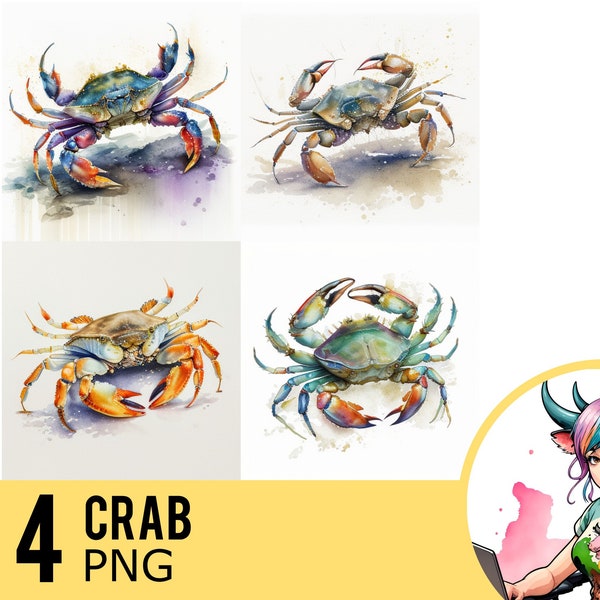 Crabe aquarelle PNG clipart, crabe Portrait PNG aquarelle, téléchargement immédiat, usage Commercial, quatre Images PNG distinctes, UD249